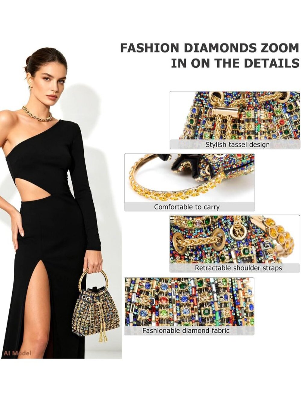 Women Colorful Sparkly Rhinestone Clutch Purse Diamond Chain Evening Bag - Picture 6 of 6